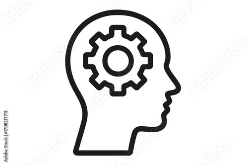 Thinking process icon with gear in human head. Metaphor for problem solving, logic, intelligence, and strategy. Psychology, knowledge, and mental health concept. Brainstorming creative idea.