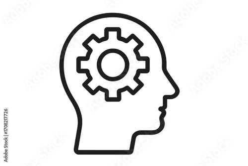 Gear head icon. Thinking process. Brainstorming, problem solving, innovation, strategy. Psychology, intellect, mindset, creative idea. Solution, AI, mechanism concept.