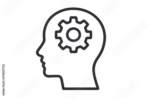 Thinking process concept with gear in head. Human mind, intellect, psychology, and mental health. Brainstorming, innovation, settings icon. Solution finding. Vector line art.