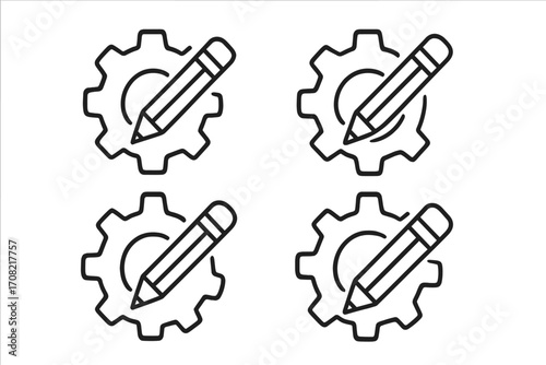 Edit settings icon with gear and pencil. Concept of customization, development, and configuration. Line symbol for web design, app UI, and user interface. Vector pictogram.