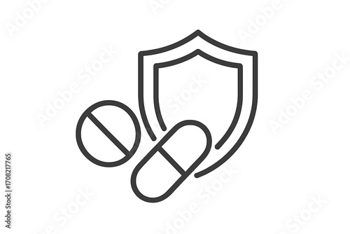 Medical shield with pills and capsule. Immune system protection icon. Health defense concept. Pharmacy drug, supplement, vitamin, and antibiotic treatment. Healthcare logo.