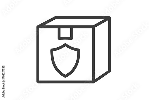 Package protection icon. Safe delivery & shipping concept. Secure parcel with shield. Cargo insurance guarantee. Logistics safety symbol. Protected dispatch & freight sign.
