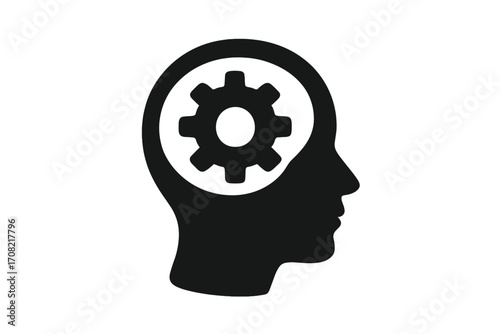 Head with gear inside icon. Thinking process, psychology and mental health concept. Brainstorm, innovation, and solution finding. Technical mind, strategy, and settings.