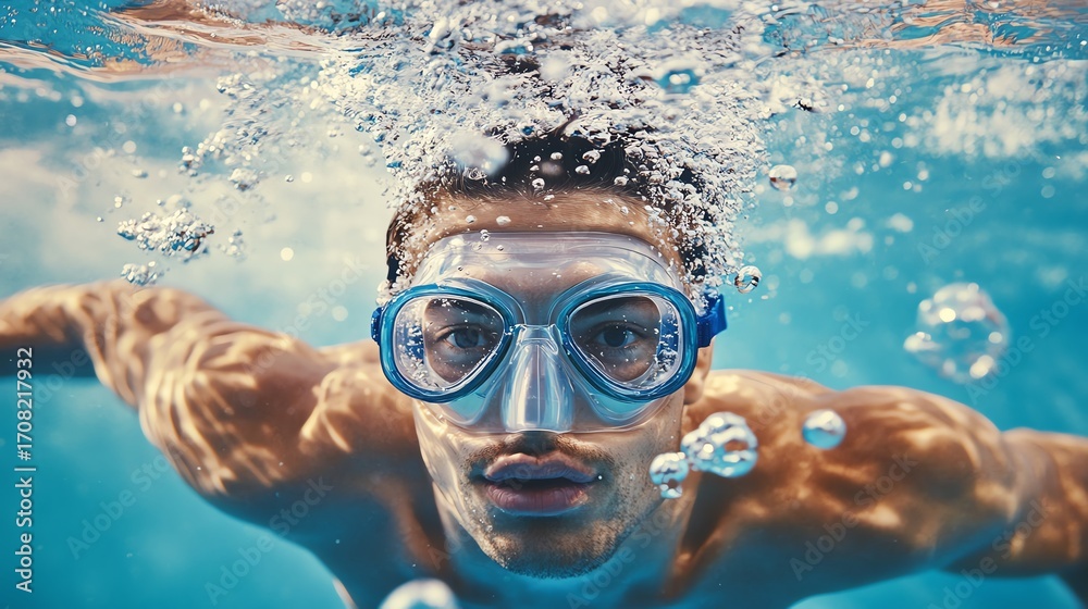 Naklejka premium A photo-realistic image of a swimmer in goggles practicing underwater with bubbles rising, showcasing strength and determination.
