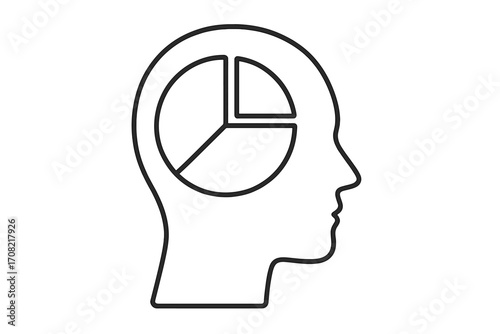 Human head silhouette with pie chart inside. Concept of data analysis, market research, consumer behavior, psychology, statistics. Thinking process metaphor. Infographic icon.