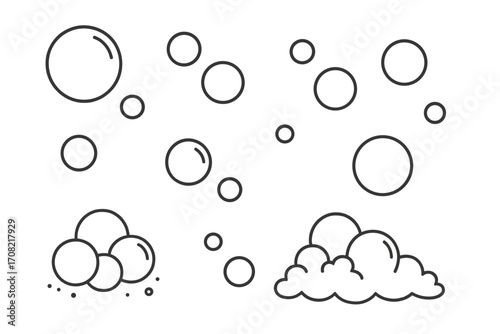 Bubble and foam editable stroke line icon set. Vector cartoon illustration of soap suds, water pop, fizzy drink bubbles. Simple minimal outline drawing for cleaning and washing concepts.