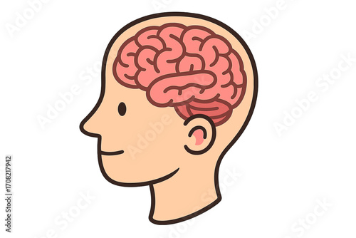 Psychology and mental health concept with human head and brain. Mind, intelligence, memory, knowledge, and creative thinking. Simple vector icon of human anatomy and neurology.
