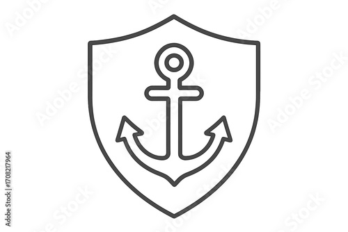 Anchor shield icon for security and protection. Naval safety and marine defense logo concept. Maritime stability symbol. Line art vector illustration for boat or navy business.