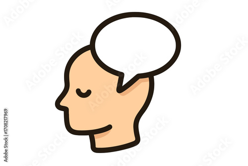 Vector icon of human head with blank thought bubble. Concept of thinking, inner voice, psychology, ideas, and communication. Mental health and opinion metaphor illustration.