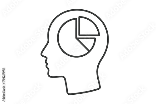 Data analysis concept with pie chart in head. Human mind profile silhouette with infographic for business analytics or psychology. Vector icon of logical thinking, research.