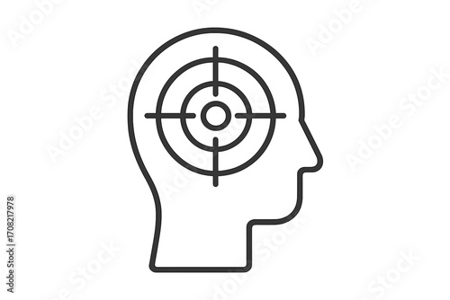 Target audience concept icon. Head with a target inside. Customer focus and marketing strategy. Goal setting, mindset, and concentration. Psychology and mental focus vector.