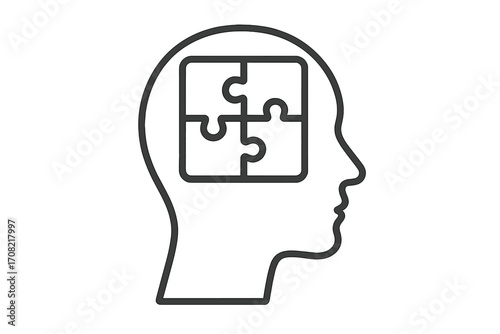 Psychology metaphor. Jigsaw puzzle in human head. Mental health concept. Symbol of logic, thinking, problem solving, intelligence. Autism awareness. Brain puzzle solution.
