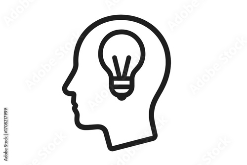 Head with light bulb line icon. Symbol of creativity, creative idea, mind, thinking. Solution and innovation sign. Brainstorming, imagination, and inspiration concept.