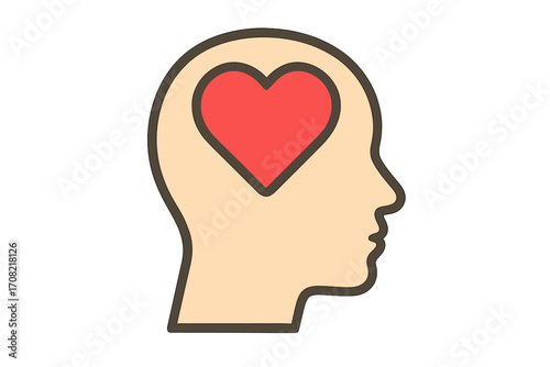 Head with a heart instead of a brain. Love, romance, feelings concept. Thinking with your heart. Empathy, kindness, compassion, passion. Psychology, mental health, emotional intelligence vector.