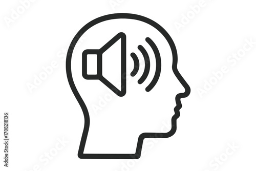 Inner voice metaphor, self-talk, and personal opinion concept icon. Head silhouette with a loudspeaker. Metaphor for announcement, marketing, propaganda, and speaking out.