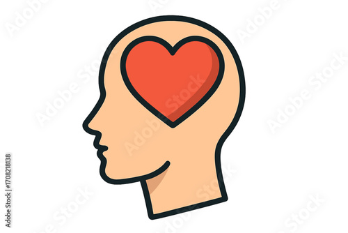 Heart in head icon. Love and emotion concept. Thinking with your heart. Emotional intelligence and empathy symbol. Psychology, mental health, and feelings metaphor. Passion and compassion.