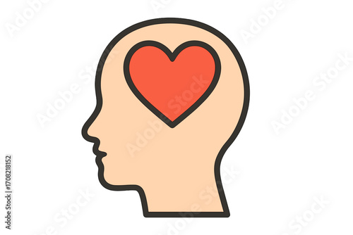 Love, kindness and compassion concept. Human head with a heart inside. Metaphor for feelings, romance, empathy, and passion. Psychology of emotions. Mental health and self-love vector.