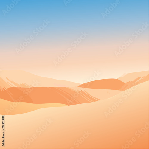 3D realistic sand dunes landscape with hills and hot summer terrain. Render of desert dune or beach with sandy texture and blue sunset sky.