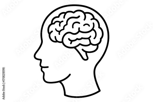 Head with brain vector line icon. Human profile silhouette. Concept for mind, intelligence, psychology, knowledge, ideas, creativity, memory, learning, and mental health.