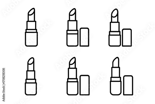 Lipstick line icon pack. Minimal vector pictogram set for beauty, makeup, cosmetics. Symbol for web design, app, salon, fashion. Pomade, chapstick, lip balm illustration.