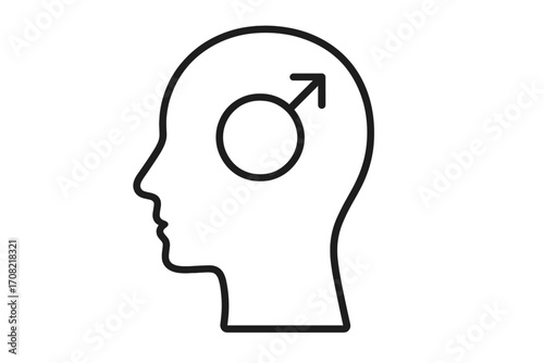 Male gender symbol in head profile. Man thinking about identity, masculinity, and psychology. Men's health concept. Minimalist line icon vector for web, graphic design.