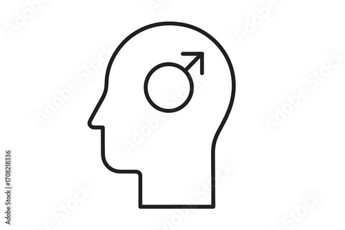 Man thinking about masculinity concept. Male gender symbol in human head silhouette. Vector icon for psychology, men's mental health, gender identity, and social issues. Linear.