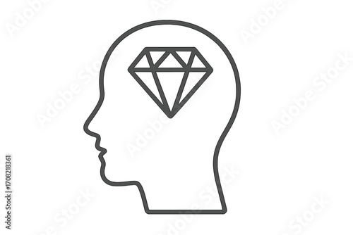 Diamond in head silhouette, a metaphor for brilliance, valuable ideas, and a clear mind. Concept for premium thinking, intelligence, creativity, and intellectual wealth. Vector icon.