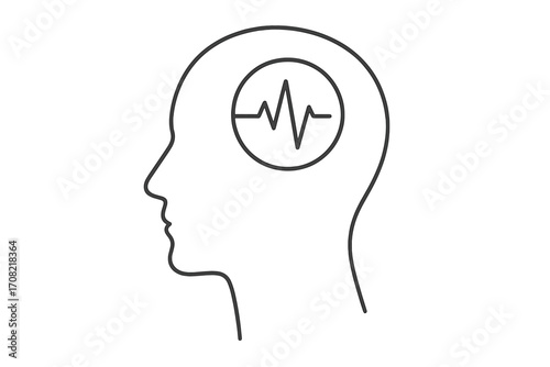 Brainwave in head vector icon. Mental health, psychology, thinking process, creativity concept. Human profile line art with sound wave, pulse or EEG. Mind, intellect, mood.