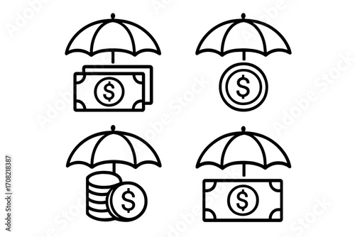 Money insurance line icon set. Financial protection, investment safety concept. Money under umbrella outline vector signs for web, apps. Wealth security and savings guarantee.