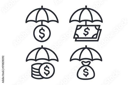 Money insurance line icon set. Financial protection and security concept. Money under umbrella outline signs for savings, investment, and wealth safety. Vector icons.