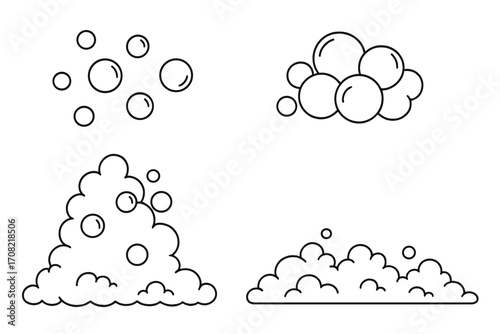 Bubble and foam linear icon set. Soap suds, lather, and shampoo bubbles vector collection. Simple outline symbols for cleaning, washing, and hygiene. Fizzy effervescent.