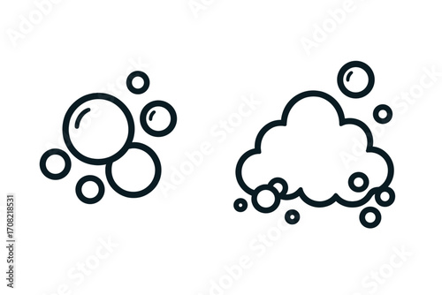 Soap foam and water bubble line icon collection. Minimalist vector symbols for cleaning, hygiene products, and carbonated drinks. Simple suds and fizz graphic elements set.