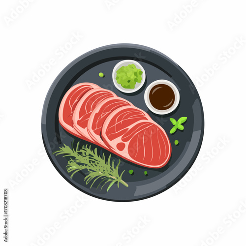 Zartes Wagyu-Steak, fein aufgeschnitten, serviert auf einem dunklen Teller