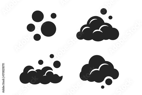 Soap foam and bubbles vector icon set. Black silhouette pictograms of suds, lather, and fizz. Elements for cleaning, laundry, and shampoo concepts. Cartoon bubble design.
