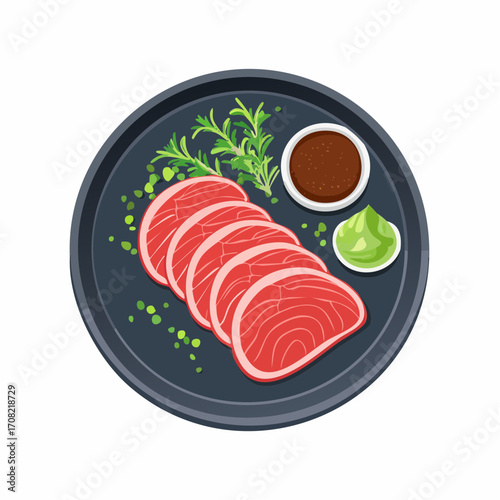 Zartes Wagyu-Steak, fein aufgeschnitten, serviert auf einem dunklen Teller