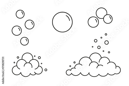 Soap bubble and foam line art icon set. Vector illustration of suds, lather, and fizzy drink effervescence. Clean wash concept. Minimalist water air spheres drawing.