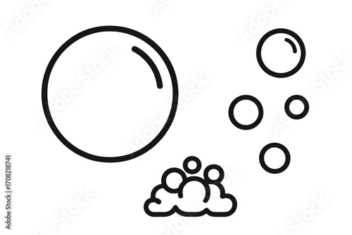 Soap bubble and foam line art vector icon set. Simple clean suds graphic for washing, laundry, and hygiene concepts. Fizzy sparkling water or soda pop effervescent effect.