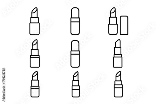 Lipstick line icon collection. Cosmetic makeup and beauty symbols. Minimalist linear pictogram for web, graphic design, apps. Vector glamour product. Lip balm stick set.