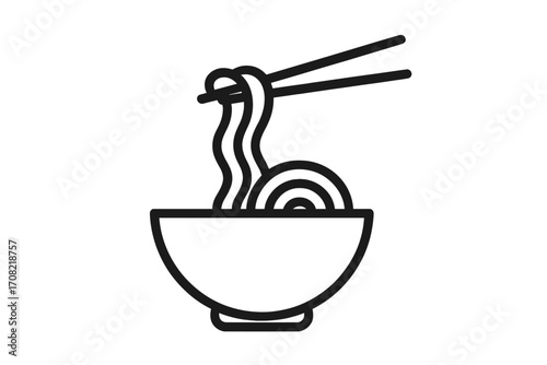 Noodle line icon. Ramen bowl with chopsticks symbol. Simple Asian food pictogram for menu, web, or app. Japanese, Chinese, Thai cuisine vector graphic. Minimalist pasta logo.