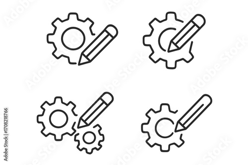Customization line icon set. Gear with pencil pictogram. Concept of settings, configuration, development, edit, setup. Technical process, management, engineering, design.