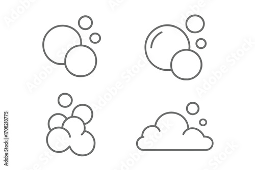 Bubble and foam line icon set. Soap suds and fizzy drink symbols. Vector illustration for cleaning, laundry, hygiene, washing. Carbonated water and airy liquid concept.