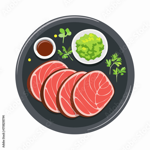 Zartes Wagyu-Steak, fein aufgeschnitten, serviert auf einem dunklen Teller