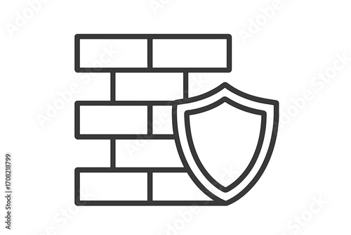 Firewall protection icon. Security shield and brick wall. Network defense, data privacy, and safety concept. Minimalist line art vector for web, apps, and cybersecurity.