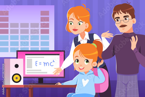 Parents and child at computer. Mom and dad helps teaching kid, online learning, happy family making homework together, cartoon flat style isolated tidy vector internet education concept