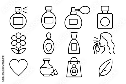Perfume line icon set. Fragrance and scent symbols. Beauty cosmetic vector pictogram collection. Cologne spray bottle, atomizer, woman smelling aroma. Editable stroke for web, ui, ux.