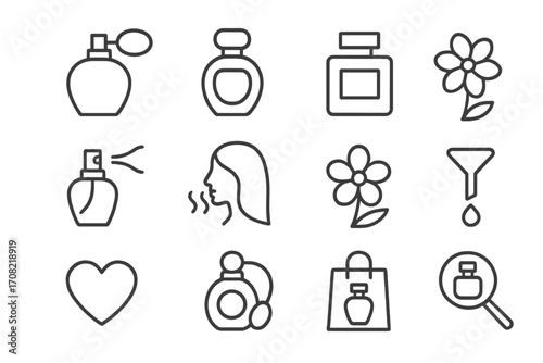 Perfume icon set vector. Line icons cosmetic fragrance. Scent bottle spray. Editable stroke. Pictogram beauty care aroma. Woman smell flower. Shopping search love. UI UX sign.