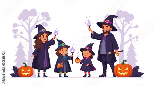 Halloween Family Magic: A family, adorned in festive wizard costumes, gathers to celebrate Halloween, holding wands that cast mesmerizing spells under a moonlit sky.