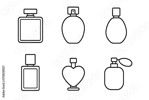 Perfume bottle line icon set. Fragrance, scent, and cologne symbol collection. Vector outline pictogram of cosmetic spray, atomizer, and flacon. Beauty and glamour sign.