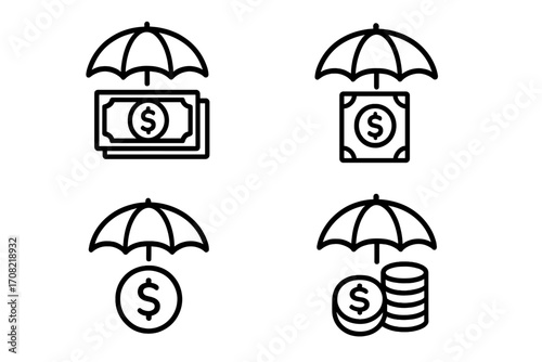Money protection icon set. Financial security and insurance concept. Savings and investment safety under umbrella. Finance guarantee symbol. Line art vector illustration.