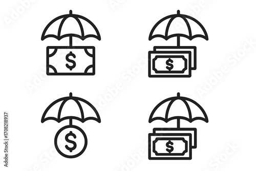 Money under umbrella icon set. Financial protection, insurance services, investment safety, savings security. Finance concept. Secure cash, wealth management, and dollar sign vector.